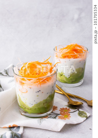 Healthy breakfasts, avocado and yogurt with chia 101705334