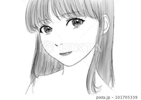 微笑み表情の女の子の線画イラスト 輪郭線=ぼかし有 口紅=有、黒色