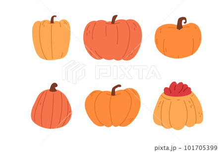 Set of pumpkins. Halloween pumpkin characters. Pumpkin for october holiday. Spooky autumn pumpkins. Flat vector illustration isolated on white background Set of pumpkins. Halloween pumpkin characters. Pumpkin for october holiday. Spooky autumn pumpkins. Flat vector illustration isolated on white background 101705399