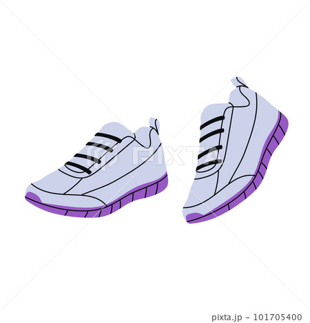 Boots, sport shoes, sneakers, hiking footwear and other shoes for training. Modern sports shoes for man and woman. Flat vector illustration isolated on white background Boots, sport shoes, sneakers, hiking footwear and other shoes for training. Modern sports shoes for man and woman. Flat vector illustration isolated on white background 101705400