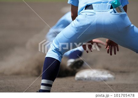 野球の試合中に次の塁を狙い滑り込むランナーと低く滑り込むように指示を出すコーチャー 野球の試合中に次の塁を狙い滑り込むランナーと低く滑り込むように指示を出すコーチャー 101705478