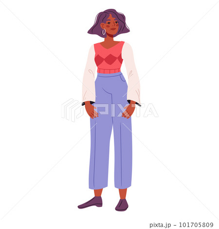 Woman wearing fashion outfit and stylish pants. Female in modern trendy apparel, office clothes. Girl in fashionable trousers, blazer. Flat vector illustration Woman wearing fashion outfit and stylish pants. Female in modern trendy apparel, office clothes. Girl in fashionable trousers, blazer. Flat vector illustration 101705809