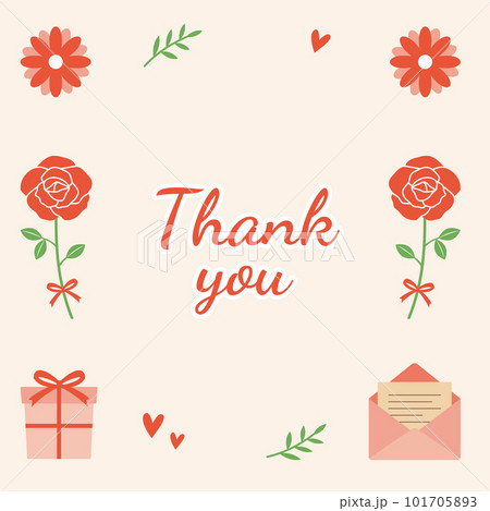 赤い薔薇の花のフレームイラスト。ありがとう、thank youメッセージ  