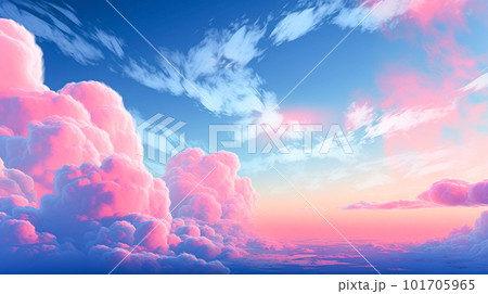 ピンクとブルーの空と雲のイラスト背景「AI生成画像」のイラスト素材