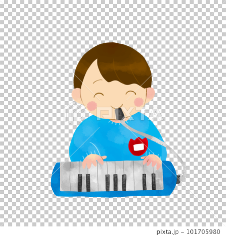 一個男孩演奏鍵盤口琴的插圖 101705980