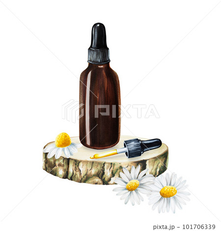 Watercolor bottle of serum, cream with pipette on a wooden saw cut isolated on white background. Beauty products and botany elements, cosmetology and medicine. For designers, spa decoration, postcards 101706339
