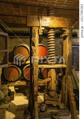 Traditional winemaking equipment in Castello di Razzano, Piedmont, Italy Traditional winemaking equipment in Castello di Razzano, Piedmont, Italy 101706383