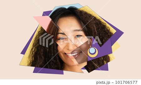 Female face made from different parts of diverse women faces of various age, nationality and race. Contemporary artwork. Modern design. Female face made from different parts of diverse women faces of various age, nationality and race. Contemporary artwork. Modern design. 101706577