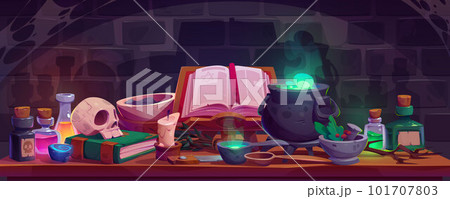 Alchemist table in witch house, laboratory room 101707803