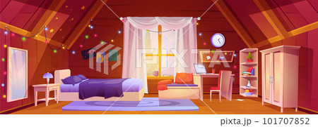 Attic girl bedroom interior with desk cartoon 101707852