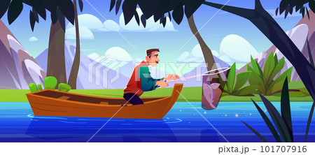 Boat in lake water with man holding fish in net Boat in lake water with man holding fish in net 101707916