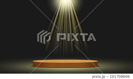 wooden podium with spotlight in the dark studio room 101708606