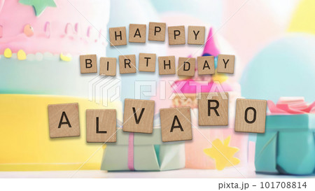 Happy Birthday Alvaro card with wooden tiles text. Boys birthday card with colorful background. 101708814