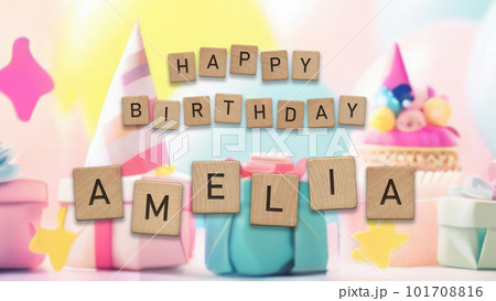 Happy Birthday Amelia card with wooden tiles text. Girls birthday card with colorful background. Happy Birthday Amelia card with wooden tiles text. Girls birthday card with colorful background. 101708816