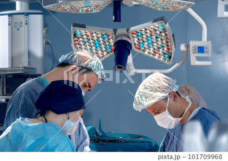 International team of surgeons in the operating room during the operation. Modern medicine, international medical workers during a complex operation, modern medicine. 101709968
