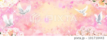 ラッキー、平和の象徴の白い鳩がバラの花園から飛び立つ開運風ワイドサイズピンク背景イラスト 101710443