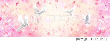 ラッキー、平和の象徴の白い鳩がバラの花園から飛び立つ開運風ワイドサイズピンク背景イラスト ラッキー、平和の象徴の白い鳩がバラの花園から飛び立つ開運風ワイドサイズピンク背景イラスト 101710444