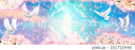 桜の花びらと白い鳩が舞う桜満開フレームと異世界への入り口が輝き開く天国のファンタジー背景イラスト 101710446