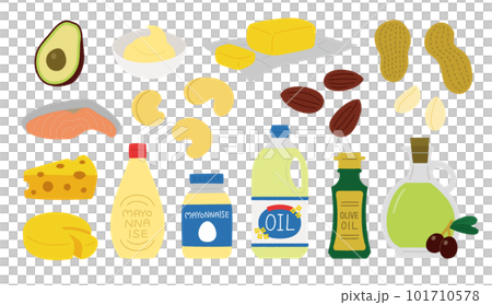 脂質を多く含む食品のベクターイラスト/油・ナッツ・チーズ・アボカドなど 脂質を多く含む食品のベクターイラスト/油・ナッツ・チーズ・アボカドなど 101710578