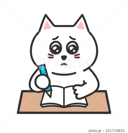 勉強をしながら不安で泣きそうなネコ　イラスト 101710635