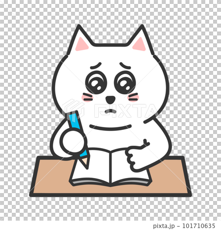 勉強をしながら不安で泣きそうなネコ　イラスト 101710635