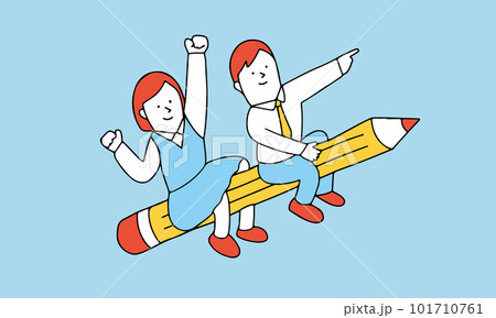 鉛筆に乗って上昇する学生、ビジネスマンのイラスト 鉛筆に乗って上昇する学生、ビジネスマンのイラスト 101710761