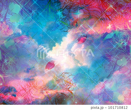 少女漫画キラキラ輝く星々とピンクの薔薇と花びらが舞うペン画カラーイラストと雲の背景画 少女漫画キラキラ輝く星々とピンクの薔薇と花びらが舞うペン画カラーイラストと雲の背景画 101710812