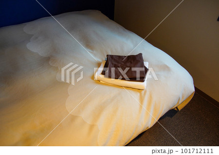 ホテルにチェックインして部屋に入った直後の使う前のきれいなベッド 101712111