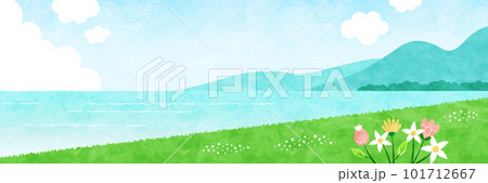 花咲く草原と水辺の自然の風景 夏の水彩背景イラスト 花咲く草原と水辺の自然の風景 夏の水彩背景イラスト 101712667