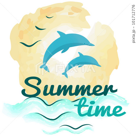Lettering with dolphin and seascape. Dolphins jump out of water at sunset during summer time 101712776