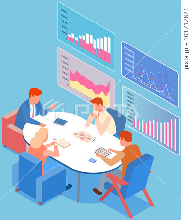Employees analyze statistical indicators, business data. Characters work with marketing research Employees analyze statistical indicators, business data. Characters work with marketing research 101712821