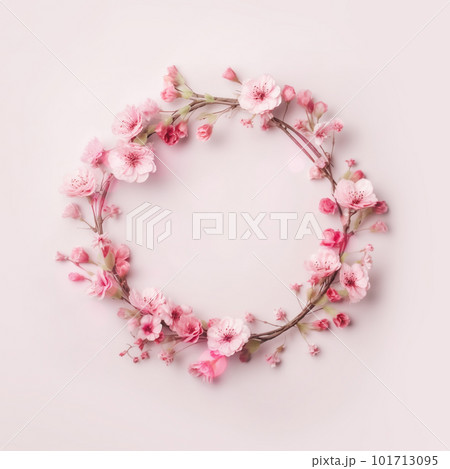 Different small flowers in a wreath on pink background with copy space. Abstract natural floral frame layout with text space. Romantic feminine flatlay. Wedding, International Women day, Mother Day Different small flowers in a wreath on pink background with copy space. Abstract natural floral frame layout with text space. Romantic feminine flatlay. Wedding, International Women day, Mother Day 101713095