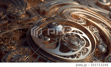 Metal abstract object clock mechanism structure from waves, particles fluids and spheres Metal abstract object clock mechanism structure from waves, particles fluids and spheres 101713248