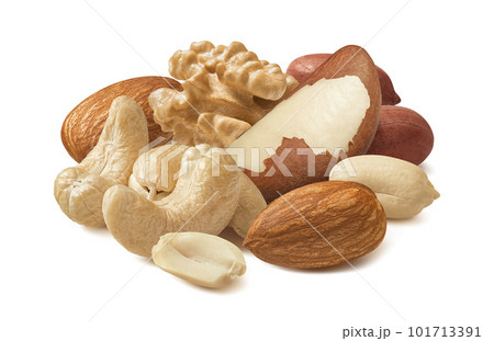 Walnut, cashew, almond, peanut and brazil nuts isolated on white background 101713391