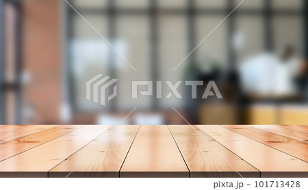 Empty wooden table top with lights bokeh on blur restaurant background. Empty wooden table top with lights bokeh on blur restaurant background. 101713428