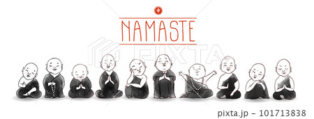 Cute buddhist monks hand drawn with ink on white background. Traditional oriental ink painting sumi-e, u-sin, go-hua. Illustration with japanese deity Jizo. Hieroglyph - happiness. 101713838