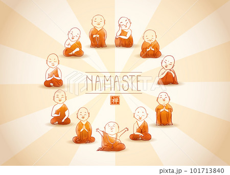 Cute buddhist monks wearing orange robes in circle. Traditional oriental ink painting sumi-e, u-sin, go-hua. Illustration with Jizo japanese deity. 101713840