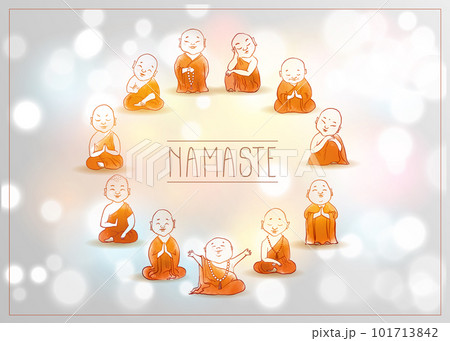 Cute cartoon buddhist monks on white glowing background. Traditional oriental ink painting sumi-e, u-sin, go-hua. Illustration with Jizo japanese deity. Cute cartoon buddhist monks on white glowing background. Traditional oriental ink painting sumi-e, u-sin, go-hua. Illustration with Jizo japanese deity. 101713842