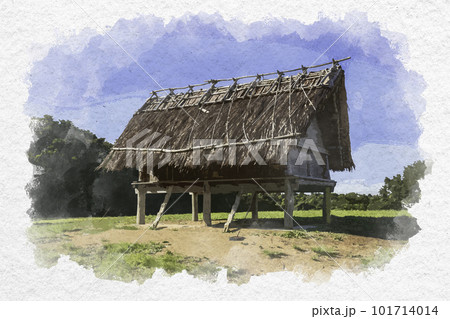水彩画風　妻木晩田遺跡　復元高床倉庫　鳥取県大山町 101714014