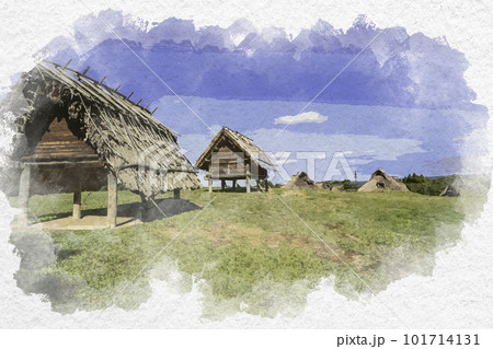 水彩画風　妻木晩田遺跡　復元竪穴住居と高床倉庫　鳥取県大山町 101714131