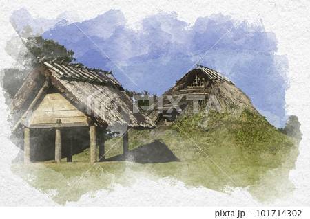 水彩画風　妻木晩田遺跡　復元土屋根竪穴住居と高床倉庫　鳥取県大山町 101714302