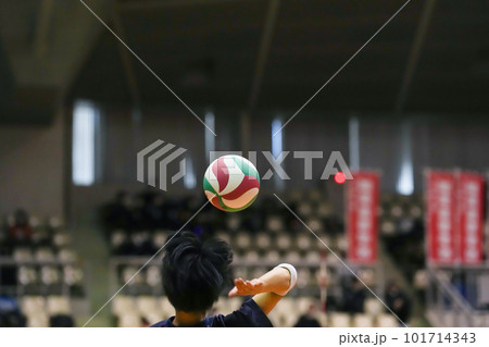 バレーボールの試合中のジャンピングサーブを打つ瞬間 101714343