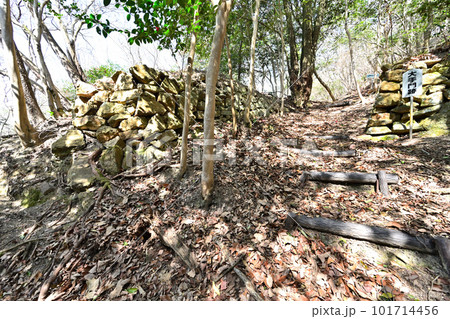 備前「三石城」曲輪、石垣、堀切と眺望 101714456