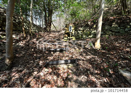 備前「三石城」曲輪、石垣、堀切と眺望 101714458