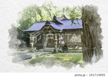 水彩画風　大石見神社　拝殿　鳥取県日南町 101714695