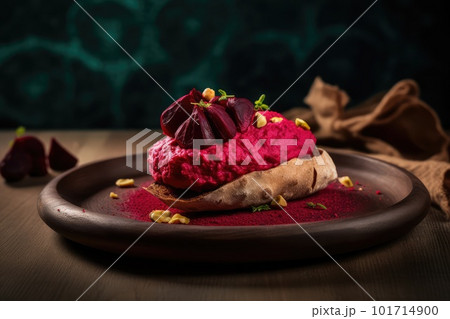 Beetroot Hummus, Chickpea Beet Root Puree, Sesame Cream Spread, Abstract Generative AI Illustration Beetroot Hummus, Chickpea Beet Root Puree, Sesame Cream Spread, Abstract Generative AI Illustration 101714900