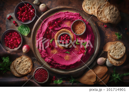 Beetroot Hummus, Chickpea Beet Root Puree, Sesame Cream Spread, Abstract Generative AI Illustration Beetroot Hummus, Chickpea Beet Root Puree, Sesame Cream Spread, Abstract Generative AI Illustration 101714901