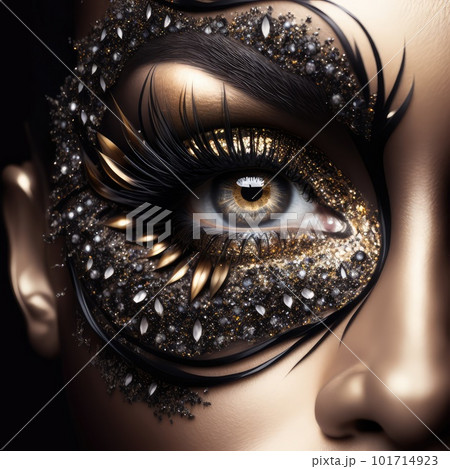 Eye with Super Black Gold Makeup, Beautiful Luxury Woman Eye, Vantablack Makeup, Generative AI Illustration 101714923