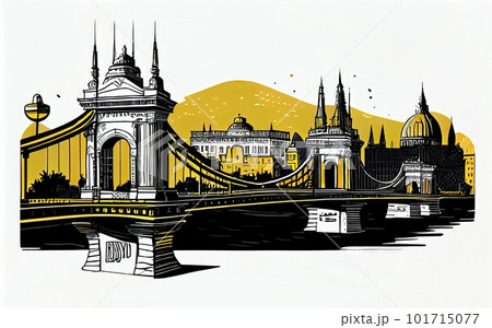 Budapest Travel Illustration, Hungary Tourism Concept, Graphic Art, Drawing Imitation, AI Generative Content 101715077