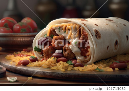Burrito Wrap, Traditional Mexican Burritos, Meat Vegetables Tortilla, Abstract Generative AI Illustration 101715082